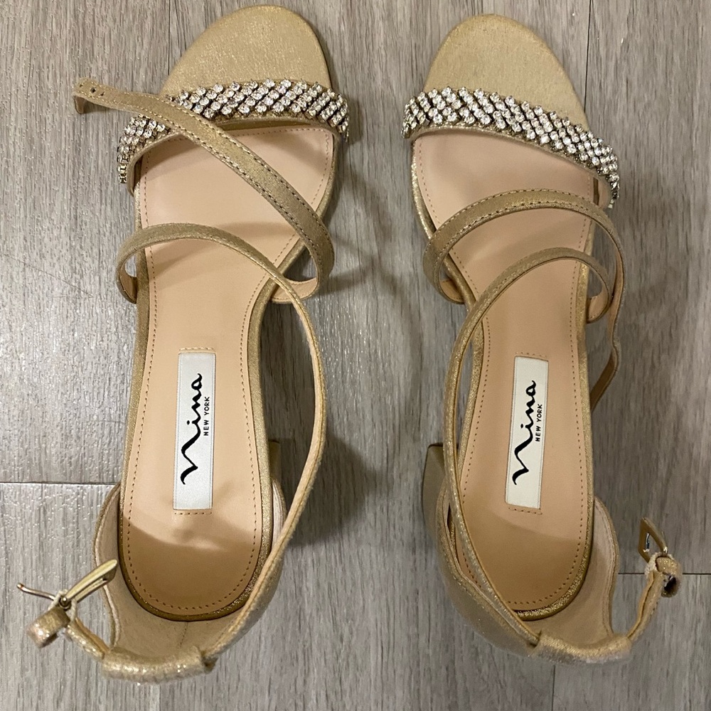 Nina Gold Strappy Heels with Embellishments